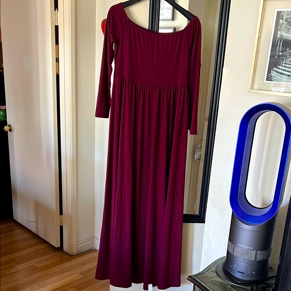 Red Casual Gown with 3/4 Cuffed Sleeves and Scoop Neckline